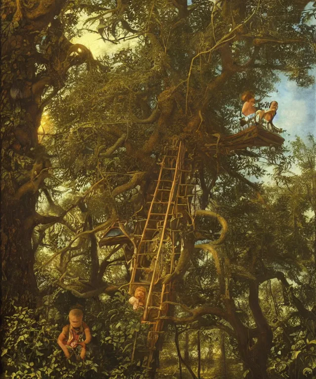 Image similar to masterful oil on canvas painting, eye - level view, shot from 5 0 feet distance, of a kid playing in a treehouse. in the background is a whimsical sparse forest. by ambrosius benson and gerald brom. golden hour, detailed, depth, volume, chiaroscuro, quiet intensity, vivid color palette.