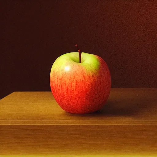 Prompt: Apofiss, still life of an apple, by Apofiss, volumetric lighting by Apofiss