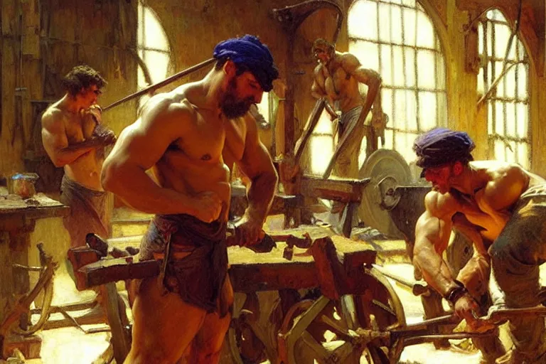 Image similar to muscular attractive blacksmiths in workshop, painting by gaston bussiere, craig mullins, greg rutkowski, alphonse mucha