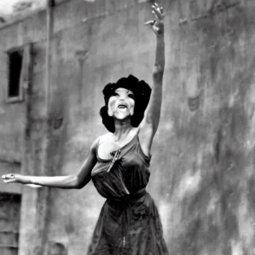 Prompt: shantae dancing in prison camp, wwii, full color photo