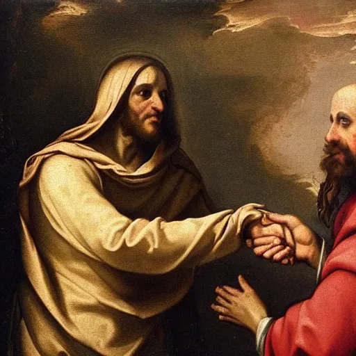 Prompt: renaissance painting of a skeleton shaking hands with Jesus Christ