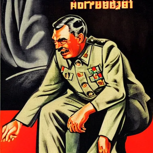 Image similar to hungarian prime minister viktor orban sitting on the knee of joseph stalin, soviet propaganda poster art from 1 9 5 0, highly detailed, colored