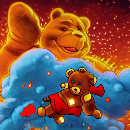 Prompt: a giant teddy ruxpin destroying a city, at night, hyperrealistic, rain and lightning