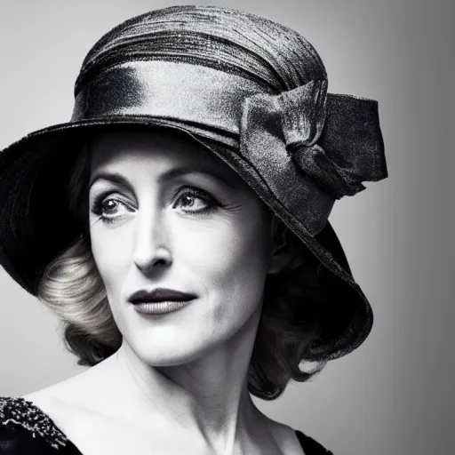 Prompt: photo of a gorgeous Gillian Anderson wearing a 1920s hat by Mario Testino, detailed, head shot, award winning, Sony a7R