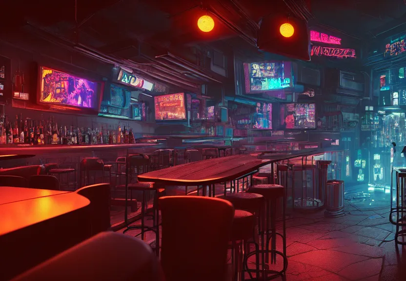 Prompt: concept art of cyberpunk bar environment : 8 k, hdr, studio, matte painting, environment, digital illustration, style cyberpunk 2 0 7 7 artstation, by marcin stepien, by mihai muscan, by marta leydy, by charlotte hughes, neon bioluminescence, highly detailed