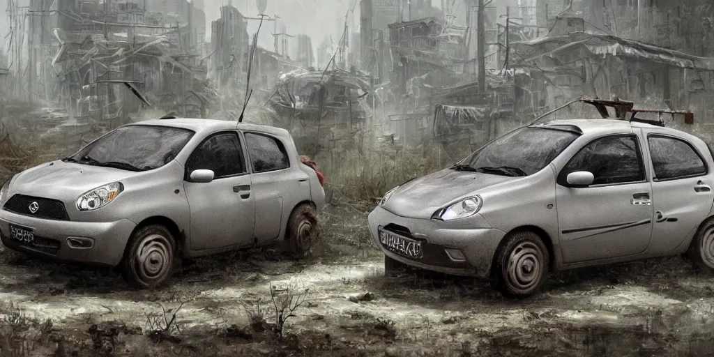 Prompt: a 2010 grey Nissan Micra in a post-apocalyptic environment, trending on ArtStation, painted by Ted Nasmith, environmental, overgrowth