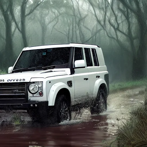 Image similar to a white landrover crossing the a swamp while its raining, digital art, artstation, photgraphy, highly detailed, digital painting, artstation, concept art, sharp focus, illustration, art by greg rutkowski and artgerm