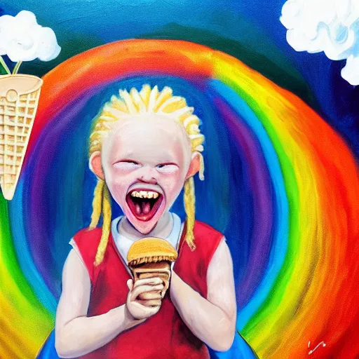 Prompt: a happy little albino girl with blonde dreads eating ice cream smiling, sitting ontop of a rainbow, high quality, detailed oil painting