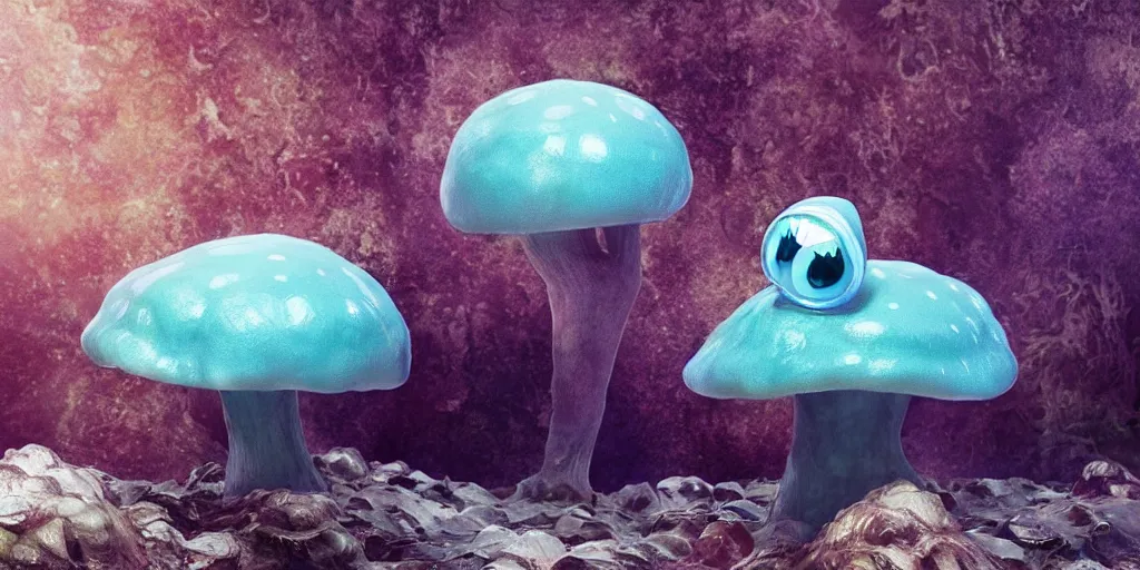 Prompt: a octane render of a very cute aquamarine mushroom monster hollywood style, by waya steurbaut entertainment, dark, intricate, highly detailed, smooth, artstation, high resolution film render 100k, photo realistic style, epic, colourful, close up shot, 3D