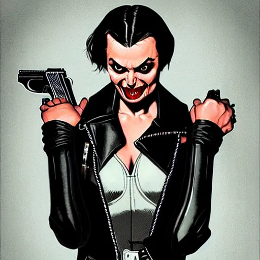 Image similar to Rafael Albuquerque art, Norman Rockwell, pretty Margot Robbie vampire, sharp teeth, evil smile, symmetrical face symmetrical eyes, leather jacket, jeans, holding HK pistol in hand, hands with five fingers, realistic hands