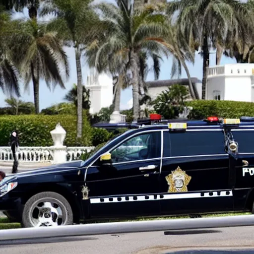 Prompt: mar-a-lago, multiple fbi agents carrying boxes, police tape, police suburbans