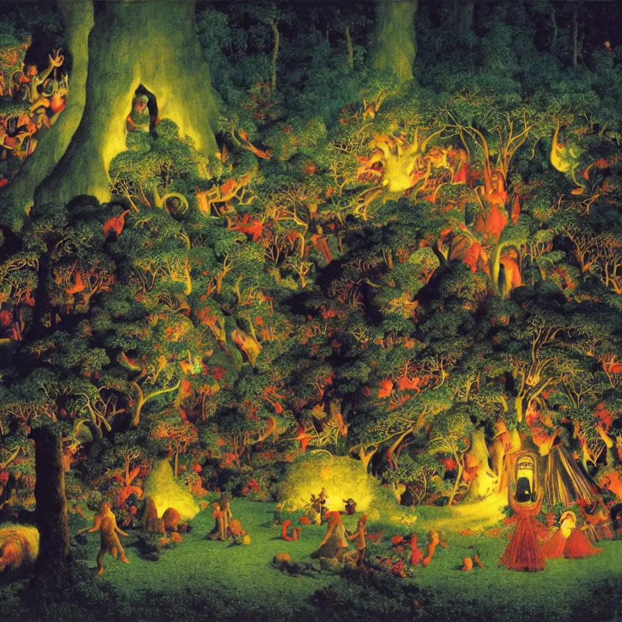 Prompt: closeup of a night carnival inside a tree cavity in a magical forest in the middle of a summer storm, with a music scenario with many fireworks and christmas lights, volumetric lightning, instense god rays in the sky, folklore people disguised with fantastic creatures in a magical forest by summer night, masterpiece painted by maxfield parrish, very coherent and colorful high contrast masterpiece,