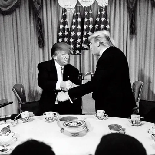 Image similar to donald trump drinking chinese tea with richard nixon, fist - bumping, happy, smiling laughing