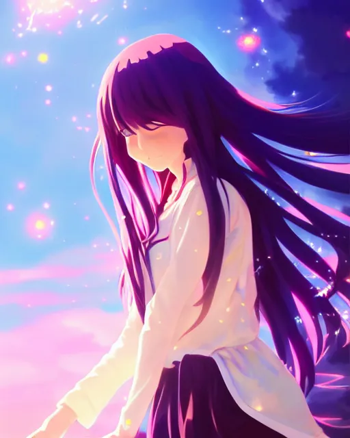 Image similar to anime style, vivid, expressive, full body, 4 k, painting, a cute magical girl with a long wavy black hair, stunning, realistic light and shadow effects, centered, simple background, studio ghibly makoto shinkai yuji yamaguchi