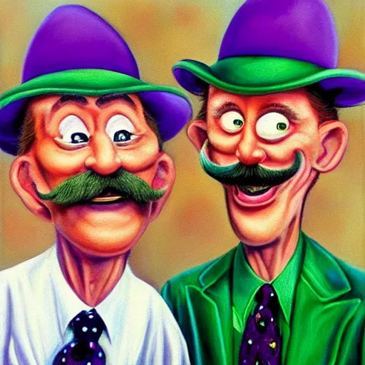 Prompt: beautiful lifelike painting of the chuckle brothers running a purple and green oil derrick, hyperreal detailed facial features and uv lighting, art by ed roth and basil wolverton