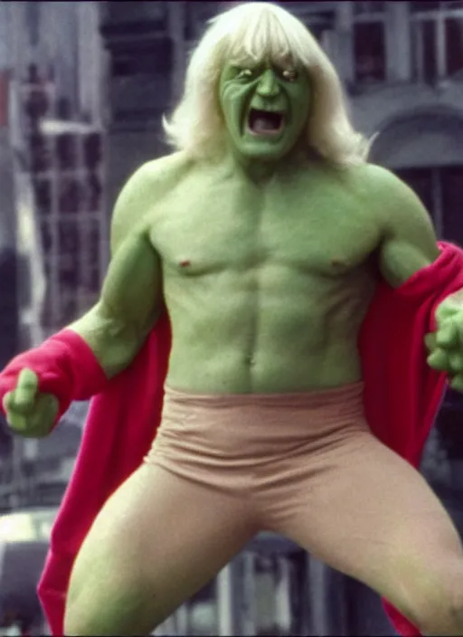 Prompt: film still of Jimmy Savile as Hulk in The Incredible Hulk, 4k