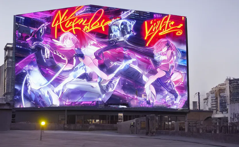 Image similar to night lighting billboard advertisement with an extremely beautiful photo of a white marble statue of an anime girl with colorful motocross logos and motorcycle helmet with closed visor, colorful smoke in the background, carved marble statue, fine art, neon genesis evangelion, virgil abloh, offwhite, denoise, highly detailed, 8 k, hyperreal