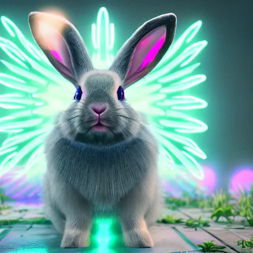 Image similar to neon fluorescent, iridescent cute bunny rabbits with fairy wings cyperpunk 2 0 7 7, unreal engine 5, 8 k ultra realistic, hyperdetailed, volumetric lighting, extremely high quality