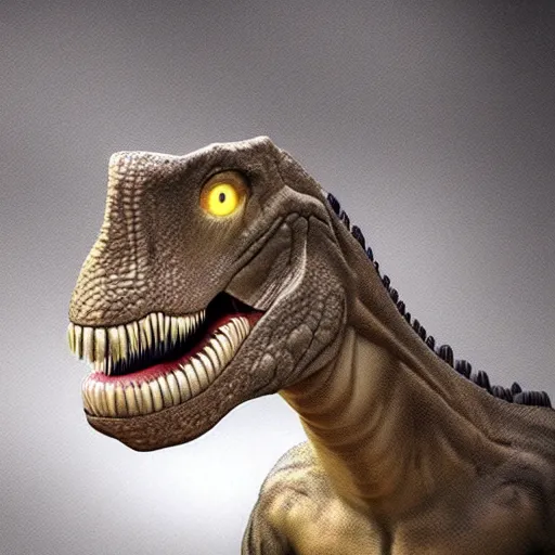 Prompt: hyper realistic rendering of a dinosaur that looks like a human, confused