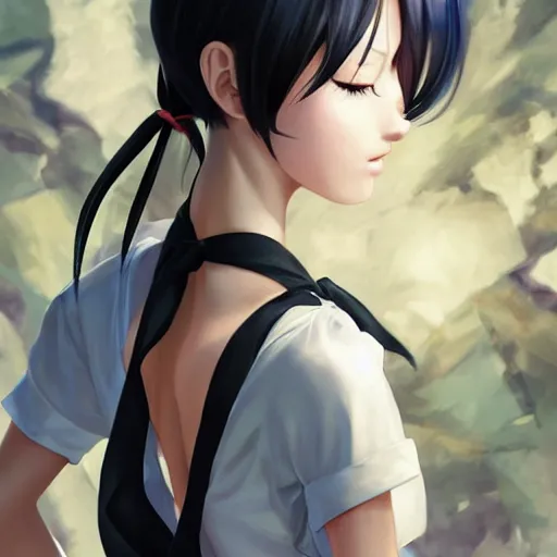 Image similar to luxury advertisement, astonishing portrait of a very beautiful anime schoolgirl with black bob hair, full perfect face, she is dancing. Realistic, highly detailed background, artstation, 120 degree view, drawn by Sasoura, Satchely and Akihiko Yoshida, no distortion