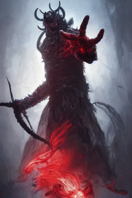 Prompt: demon with red magic in his hands, dark, intricate, highly detailed, epic, digital painting, artstation, concept art, digital illustration by Ruan Jia and Mandy Jurgens and Wayne Barlowe and Greg Rutkowski and Zdislav Bekinski