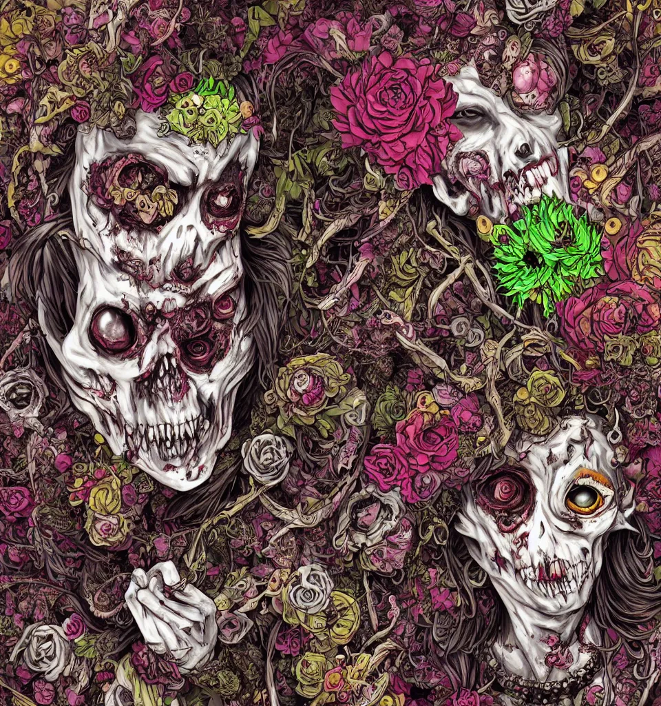 Prompt: zombie, punk rock, young male, bearded, multicolored faces, fruit and flowers, gemstones for eyes, botanical, vanitas, sculptural, baroque, rococo, intricate detail, spiral, ornamental, kaleidoscopic, soft, elegant, beautiful