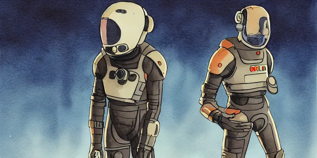 Image similar to male, full body, wide shot, modern space suit, intriguing helmet, stylized character design, the expanse tv series, large shoulders, short torso, long thin legs, tiny feet, science fiction, hyperdetailed, technical suit, dieselpunk, watercolor digital painting, in the style of mike mignola, in the style of bruce timm, by alex maleev