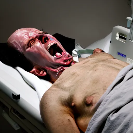 Prompt: hd professional medical photograph of a man lying in a hospital gurney, possessed by a dybbuk. he is screaming and spasming and his flesh is distorted