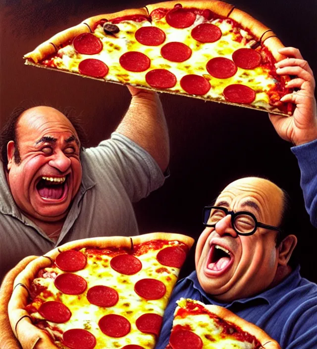 Prompt: derpy looking danny devito eating greasy pizza, pizza is everywhere, weird, strange, bizarre, surreal, epic composition, 2 0 0 mm focal length, donato giancola, tim hildebrandt, wayne barlow, bruce pennington, larry elmore, insanely quality, highly detailed, masterpiece, pizza light, artstation, 4 k