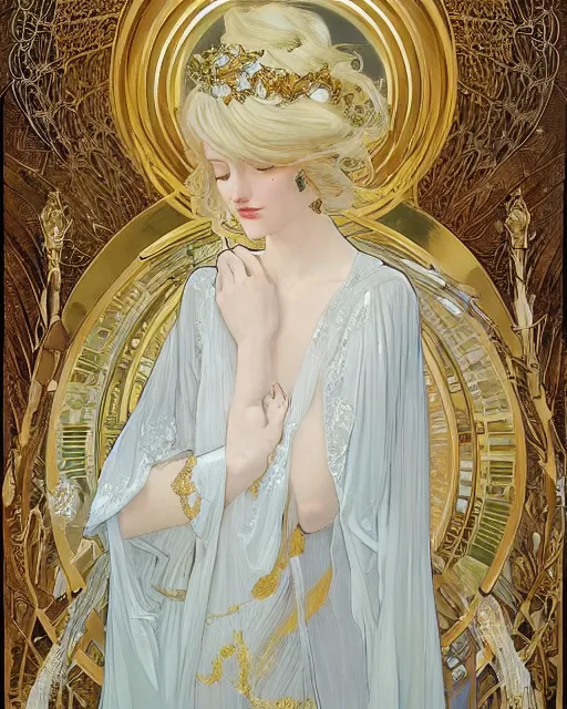 Image similar to portrait of a beautiful ethereal woman with pale hair and gold eyes wearing a flowing white and gold gown surrounded by wing motifs, ilya kuvshinov, greg rutkowski, alphonse mucha, kay nielsen, regal, elegant, detailed, digital painting, concept art