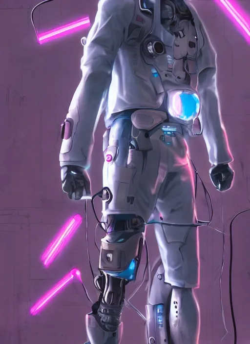 Image similar to Male cyborg, battle-damaged, wearing a school uniform, standing on neon-lit street corner”, full body shot, cyberpunk, Digital art, detailed, anime