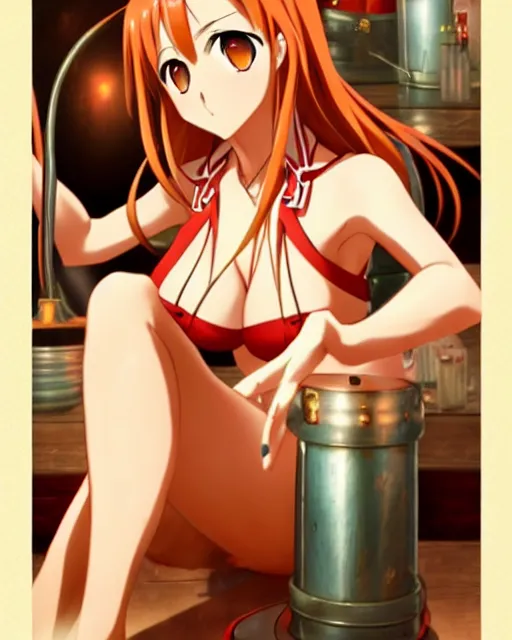 Image similar to pinup photo of asuna from sao in the crowded tavern, hot asuna by a - 1 pictures, gil elvgren, james jean, enoch bolles, glossy skin, pearlescent, anime, very coherent, sao style anime, flat