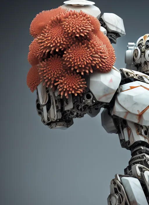 Image similar to biomechanical corals, daisies, well contoured smooth fair walls with marble mecha carrying a bottle of perfume, up close shot, sharp focus, global illumination, radiant light, alexandre ferra white mecha, irakli nadar, octane highly render, 4 k, ultra hd,