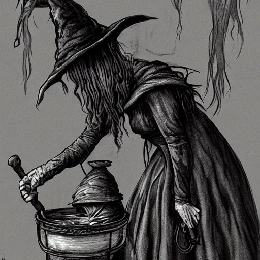 Image similar to An old wrinkled witch dressed in black stirring her cauldron. high detail, digital art, fantasy, RPG, concept art, illustration