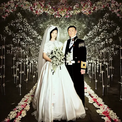 Image similar to A wide full shot, colored black and White Russian and Japanese mix historical fantasy a photograph portrait taken of inside a royal wedding floral covered aisle inspired by a enchanted ethereal forest, 1907 photo from the official wedding photographer for the royal wedding.