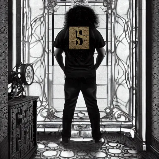 Image similar to a black man with long curly hair, with his back turned, looking at a victorian window, on deep sea, a big glowing letter K on the wall, + Cinematic Lighting + Deep Shadows + Hyper Realistic + Hyper Maximalist + Maximalist Composition + Intricate Details + Rendered in Octane + Trending on Artstation + Hall of Fame on Cgsociety + 8K portrait + 8k Post-Processing Highly Detailed + Rendered by Octane Engine + 8K Artstation 8k Detail Post Processing + Octane Render