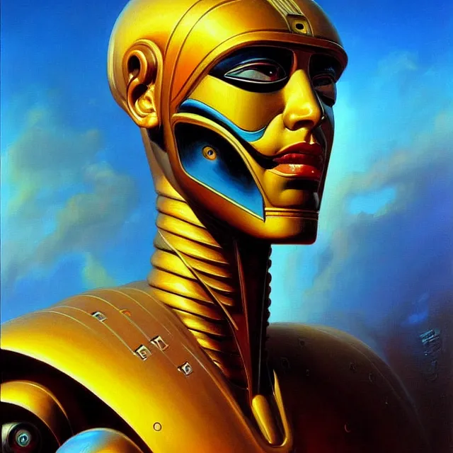 Image similar to a beautiful painting cyberpunk robot king of egypt face, by boris vallejo realistic oil painting