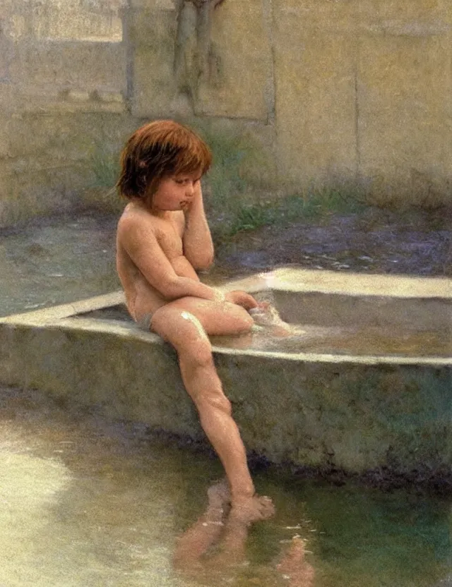 Image similar to peasant kid having bath in a basin, splashes of water, cottage core, cinematic focus, polaroid photo bleached vintage pastel colors high - key lighting, soft lights, foggy, by steve hanks, by lisa yuskavage, by serov valentin, by tarkovsky, detailed, oil on canvas