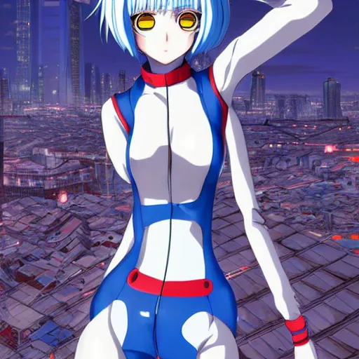 Image similar to anime art, anime fullbody shot of female rei ayanami, long blue hair and large eyes, finely detailed perfect face, in a modern skintight plugsuit, laying on a rooftop, flooded metropolis in ruins, red sea, trending on pixiv fanbox, evangelion, extremely high quality artwork by ilya kuvshinov