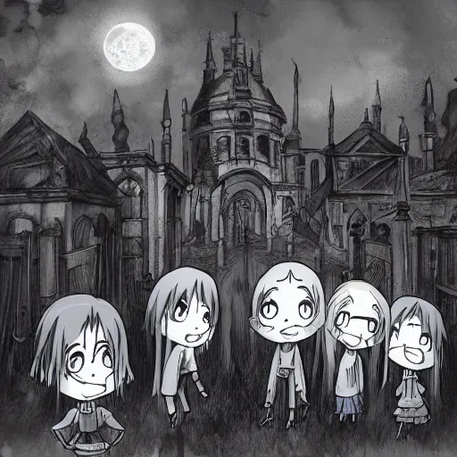 Image similar to anime hd, anime, 2 0 1 9 anime, tim burton children, western artstyle in anime, ghost children, children born as ghosts, dancing ghosts, london cemetery, albion, london architecture, buildings, gloomy lighting, moon in the sky, gravestones, creepy smiles