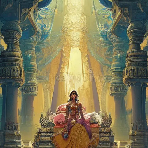 Image similar to An Indian princess with a very long ornate blue dress stands along in a very tall cavernous throne room filled with light. masterpiece 4k digital illustration by Ruan Jia and Mandy Jurgens and Artgerm and greg rutkowski, award winning, Artstation, Alphonse Mucha background, intricate details, realistic, panoramic view, Hyperdetailed, 8k resolution