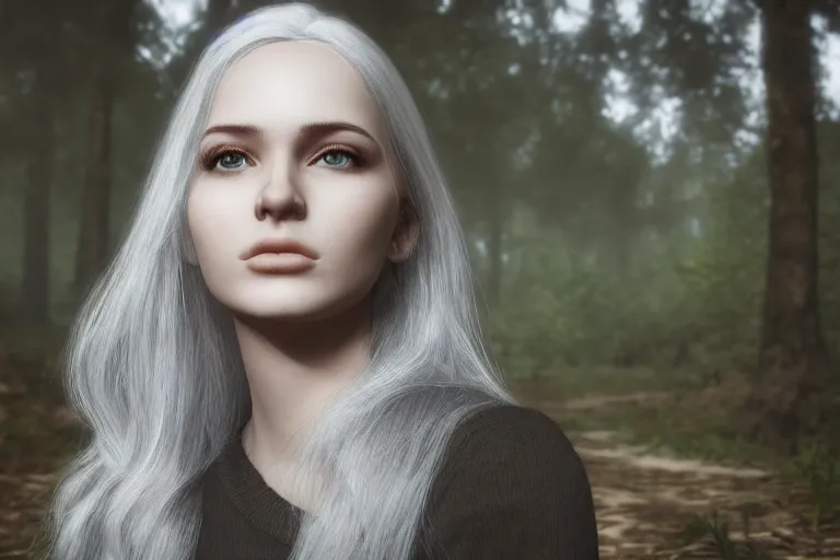 Prompt: hyperrealistic portrait of stunningly beautiful silver haired girl, lit by dawn light, deep forest on background, trending on artstation,ultrawide angle, f8 , polarizer , unreal engine