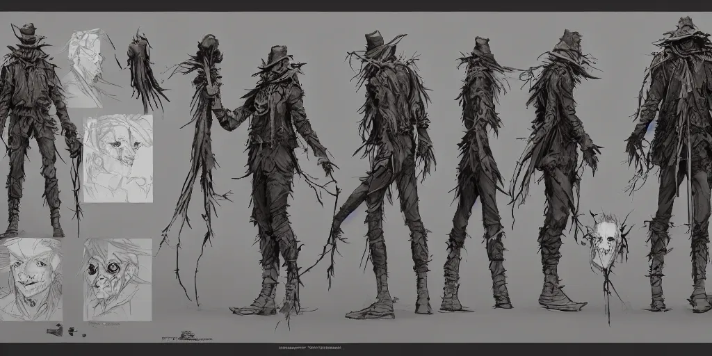 Image similar to the scarecrow, character sheet, concept design, contrast, kim jung gi, greg rutkowski, zabrocki, karlkka, jayison devadas, trending on artstation, 8 k, ultra wide angle, pincushion lens effect