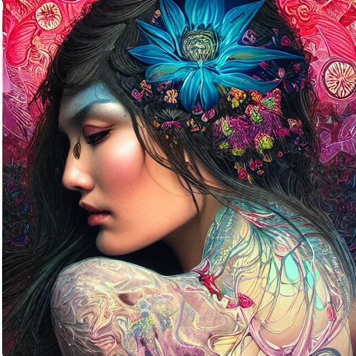 Image similar to portrait of gemma chan, hyper detailed masterpiece, neon floral pattern, jean giraud, digital art painting, darkwave goth aesthetic, psychedelic, artgerm, donato giancola and tom bagshaw