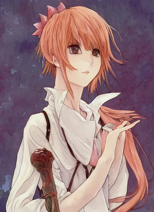 Prompt: A watercolor painting of a beautiful anime feminine catboy with short cream colored hair and fennec fox ears and tanned skin wearing a white sweater, elegant, delicate, soft lines, higly detailed, skinny, smooth , pixiv art, ArtStation, pink hue, artgem, art by alphonse mucha charles reid and shirow masamune, high quality
