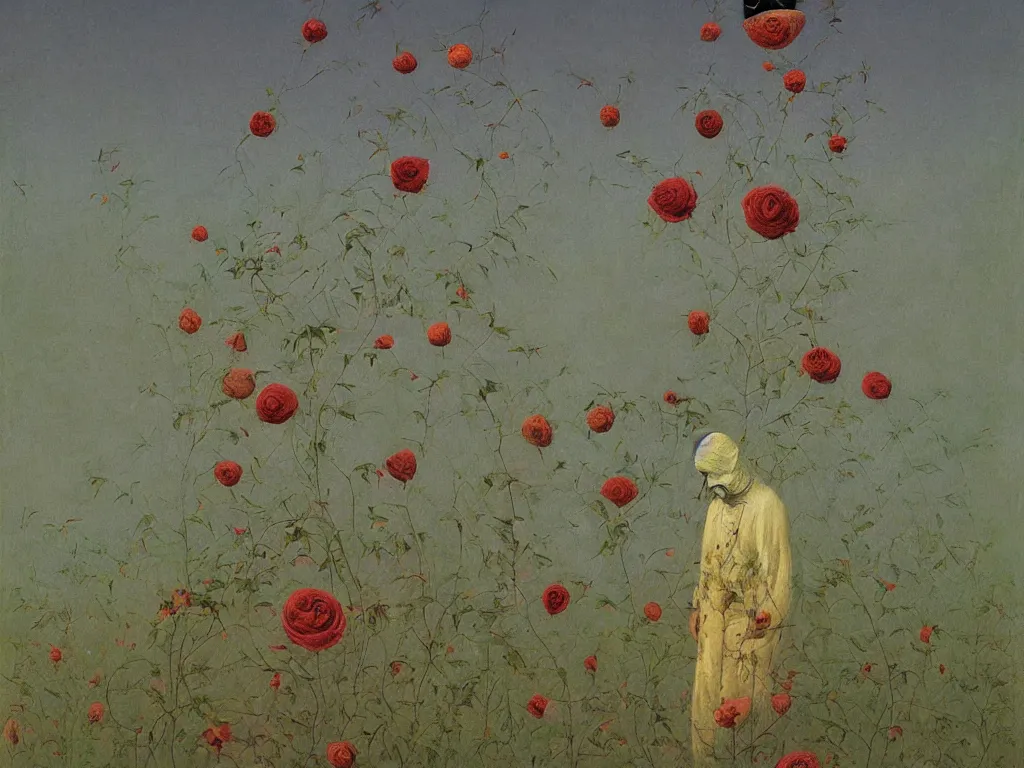 Image similar to man in white beekeeper suit with burning rose garden and small devil creatures. painting by mikalojus konstantinas ciurlionis, bosch, wayne barlowe, agnes pelton, rene magritte