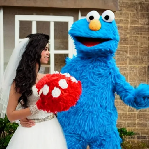 Prompt: elmo and cookie monster getting married