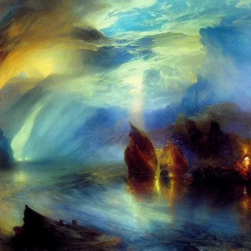 Image similar to political cartoon robust, atmospheric by thomas moran. conceptual art. paralyzed by the indescribable beauty of the cosmos.