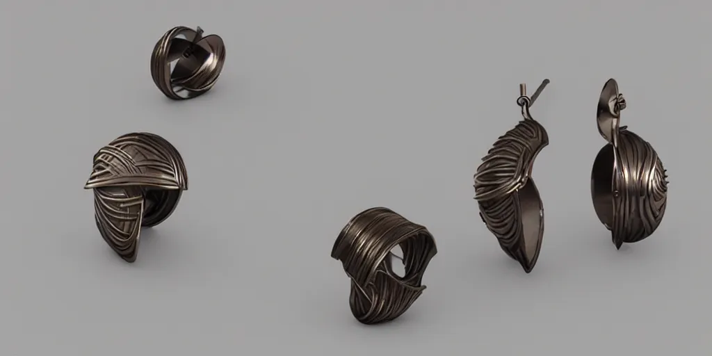 Image similar to earring design, substance designer, jewelry design, wood, nordic, steel, material, trending on artstation, cgsociety, art by gerald brom, greg rutkowski and artgerm and james jean and zdzisław beksinski, 8 k, unreal engine, c 4 d