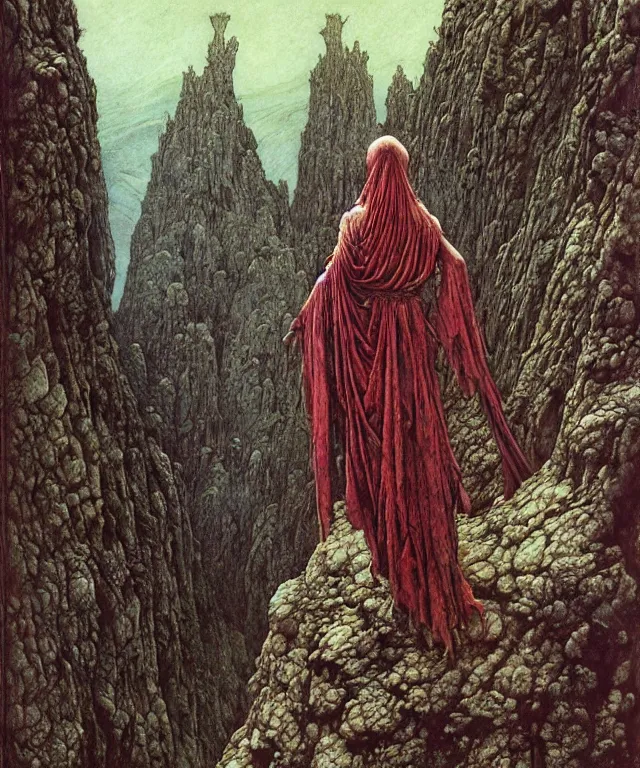 Prompt: a detailed mantiswoman stands among the mountains. wearing a ripped mantle, robe. perfect faces, extremely high details, realistic, fantasy art, solo, masterpiece, art by zdzislaw beksinski, arthur rackham, dariusz zawadzki